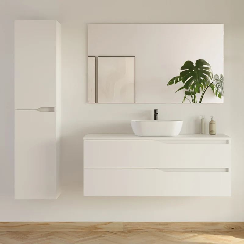 Meuble de salle de bain 2 tiroirs avec plateau et vasque à poser ovale LUNA + colonne - 120cm