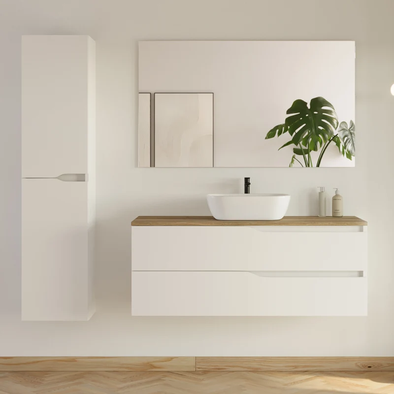Meuble de salle de bain 2 tiroirs avec plateau et vasque à poser ovale LUNA + colonne - 120cm