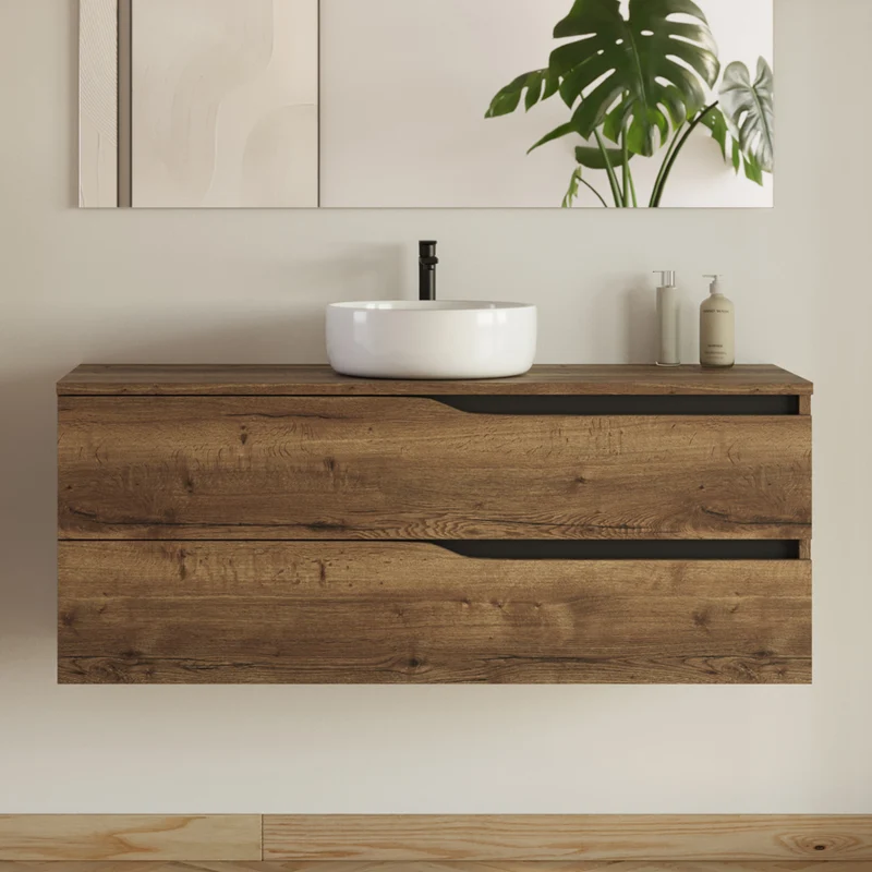 Meuble de salle de bain 120 avec plateau et vasque à poser - 2 tiroirs - LUNA