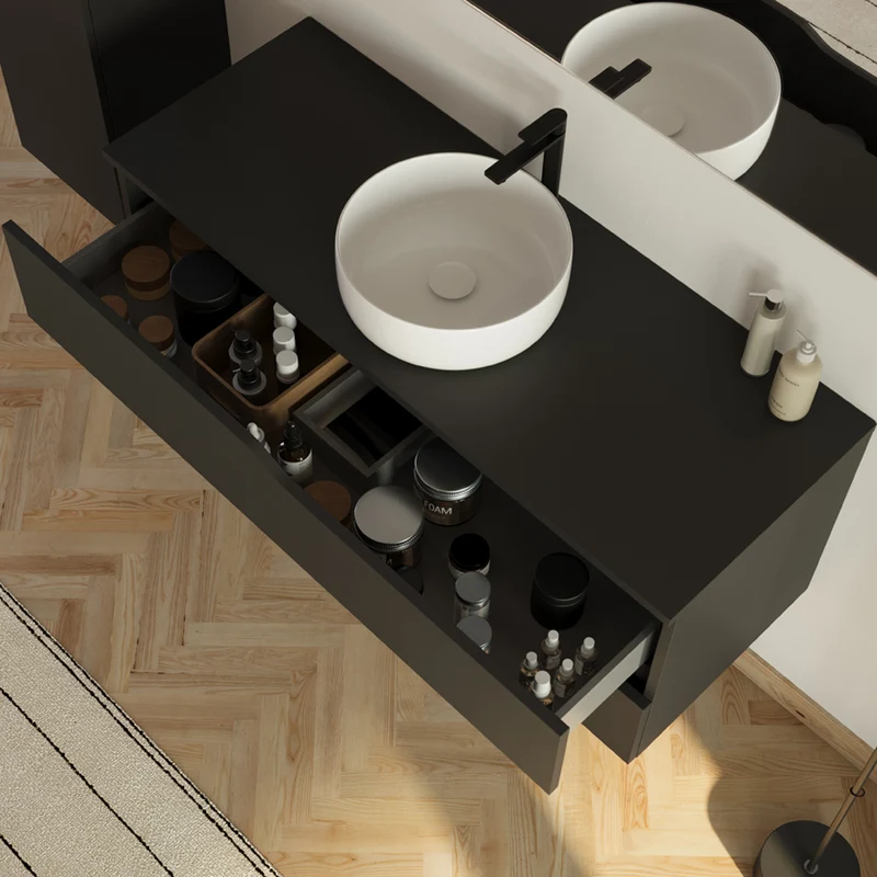 Meuble de salle de bain 120 avec plateau et vasque à poser - 2 tiroirs - LUNA