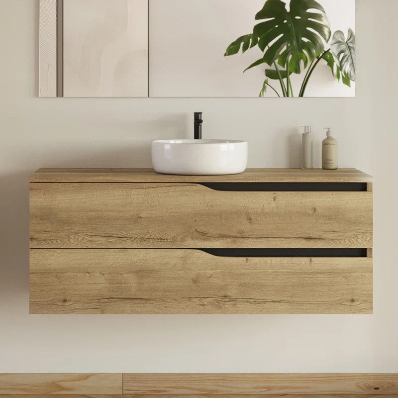 Meuble de salle de bain 120 avec plateau et vasque à poser - 2 tiroirs - LUNA
