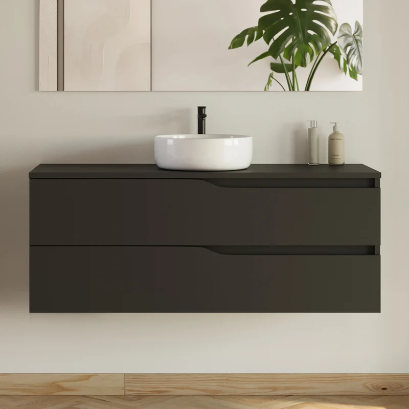 Meuble de salle de bain 120 avec plateau et vasque à poser - 2 tiroirs - LUNA