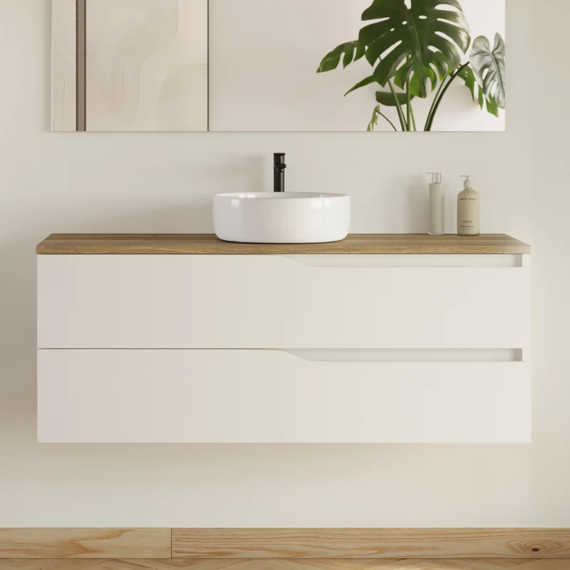 Meuble de salle de bain 120 avec plateau et vasque à poser - 2 tiroirs - LUNA