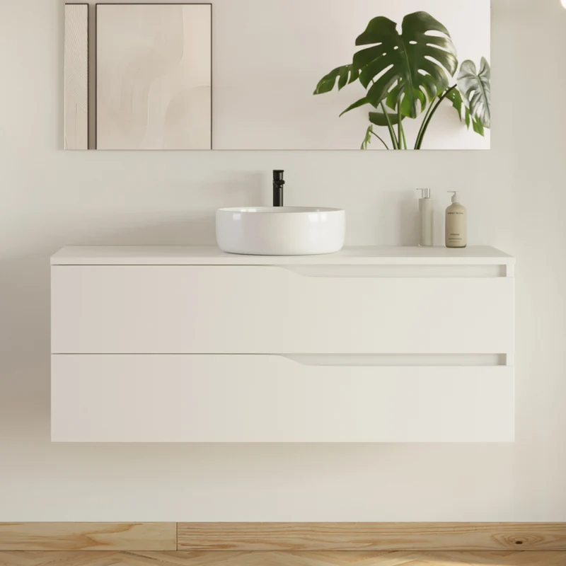 Meuble de salle de bain 120 avec plateau et vasque à poser - 2 tiroirs - LUNA