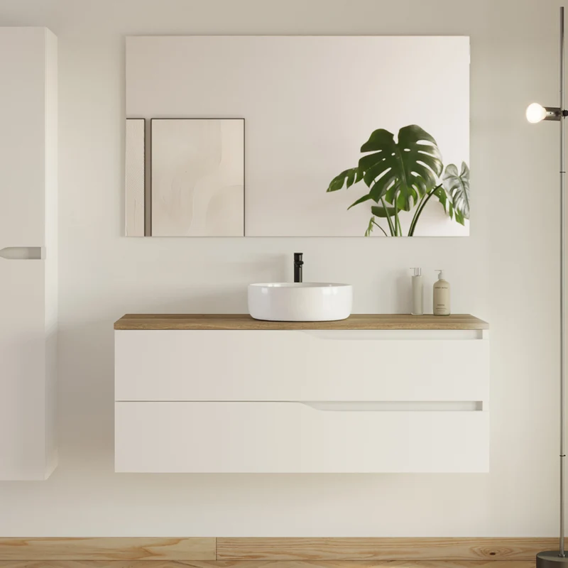 Meuble de salle de bain 120 avec plateau et vasque à poser - 2 tiroirs - LUNA