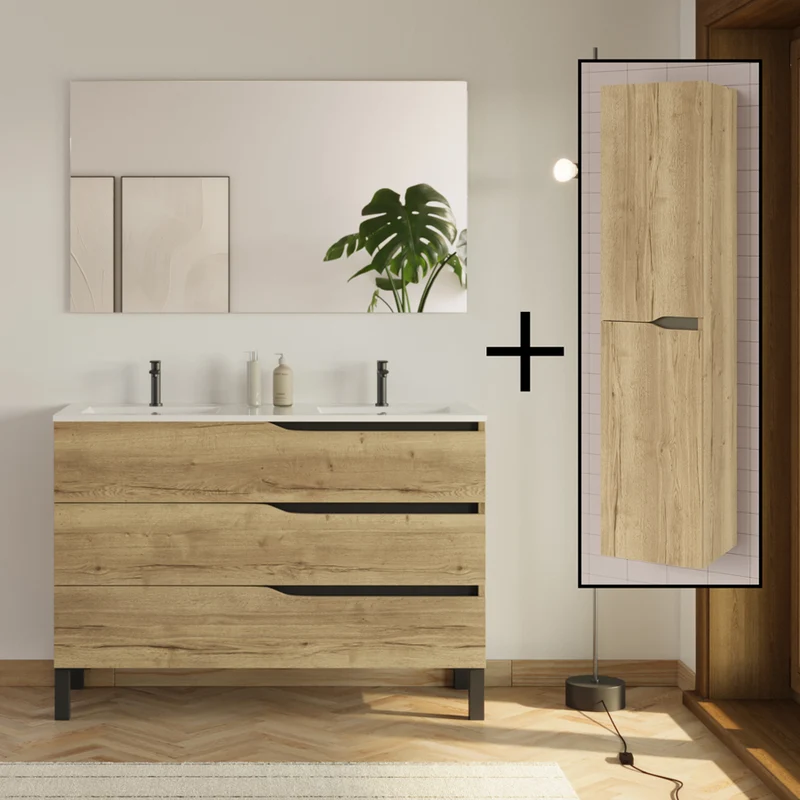Ensemble meuble de salle de bain 120cm double vasque + colonne de rangement - MATA
