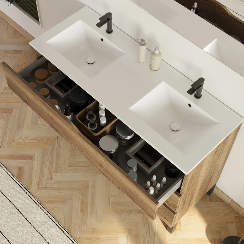 Meuble de salle de bain 120cm avec plan double vasque - 3 tiroirs - MATA