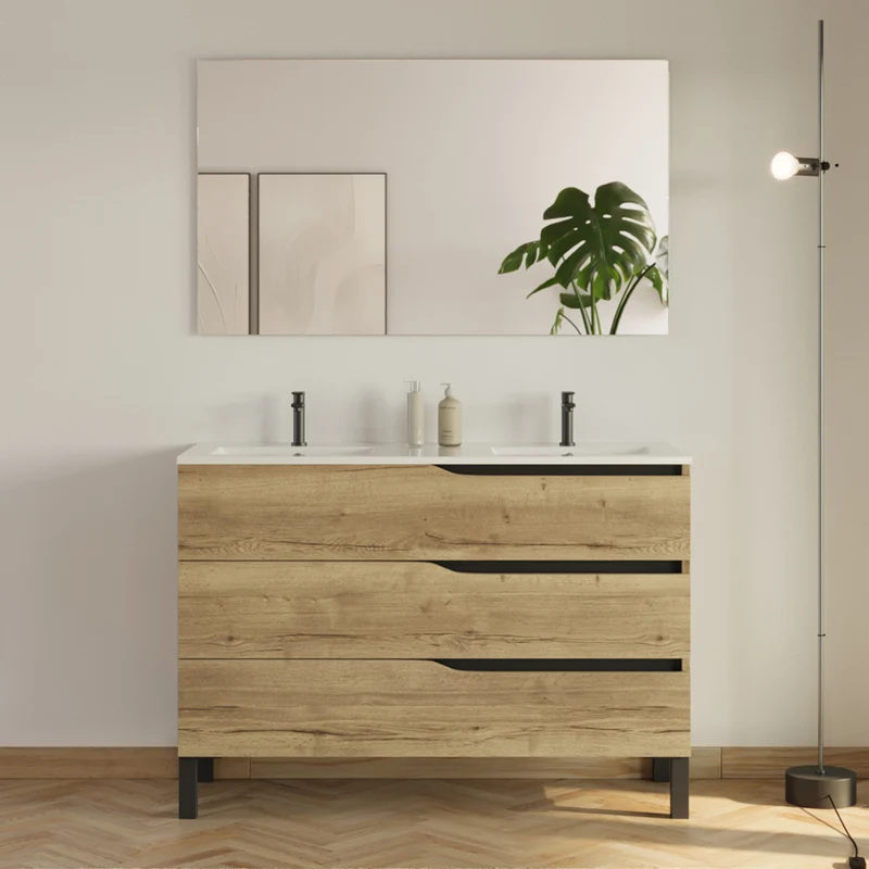 Meuble de salle de bain 120cm avec plan double vasque - 3 tiroirs - MATA