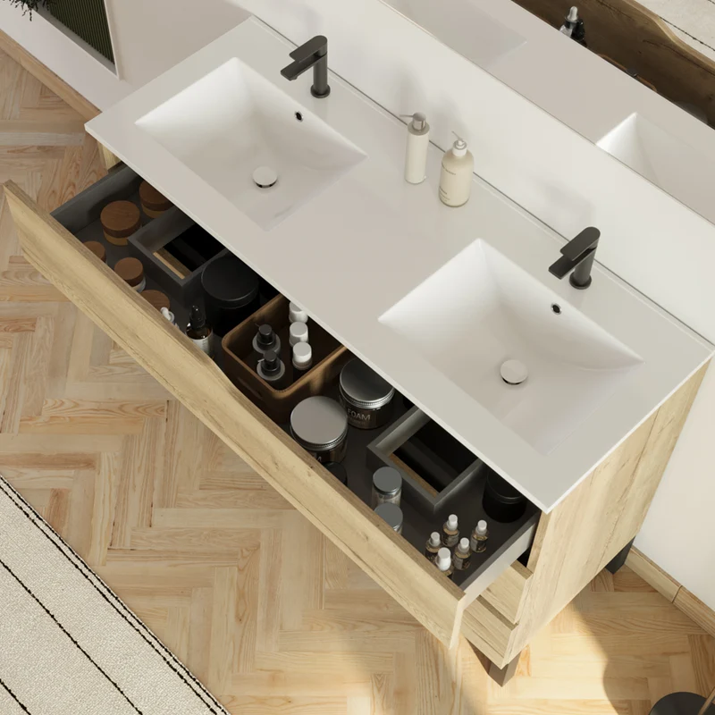 Meuble de salle de bain 120cm avec plan double vasque - 3 tiroirs - MATA