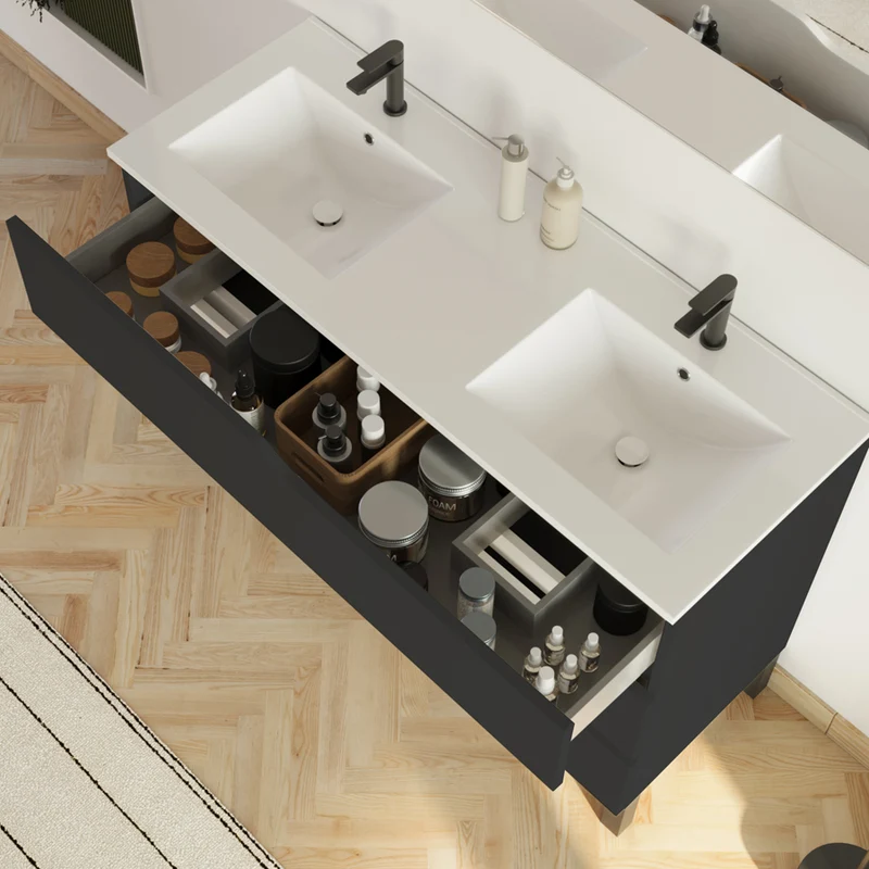 Meuble de salle de bain 120cm avec plan double vasque - 3 tiroirs - MATA