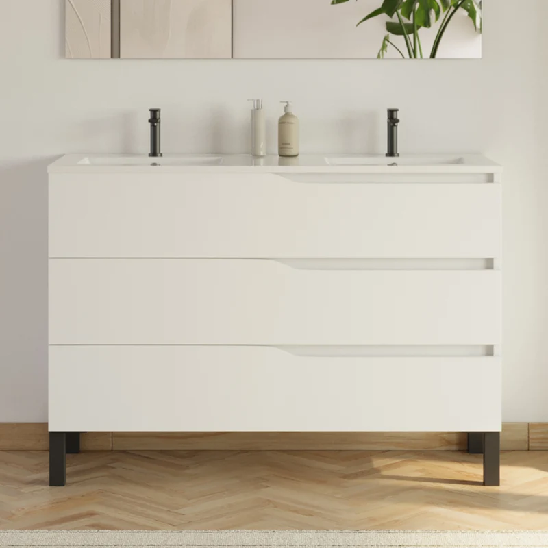 Meuble de salle de bain 120cm avec plan double vasque - 3 tiroirs - MATA