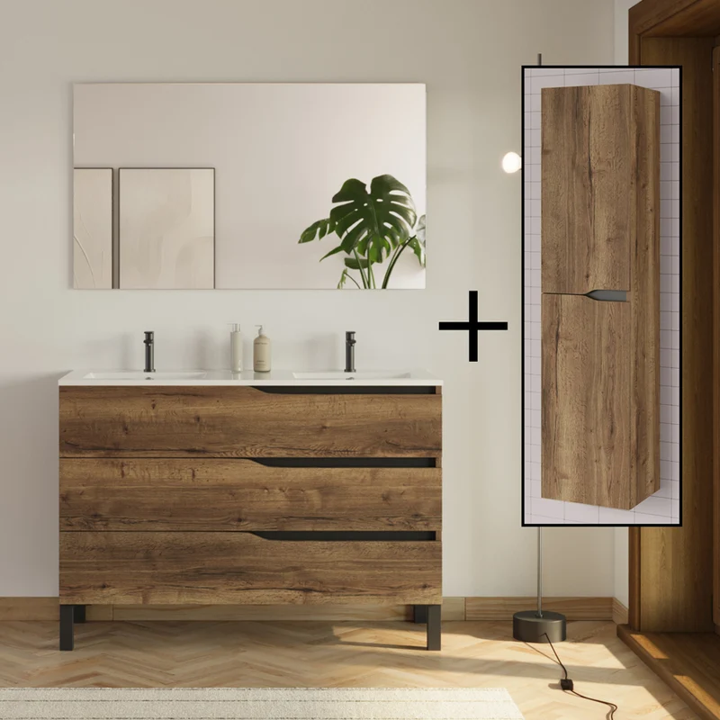 Ensemble meuble de salle de bain 120cm double vasque + colonne de rangement - MATA