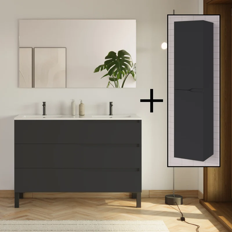 Ensemble meuble de salle de bain 120cm double vasque + colonne de rangement - MATA