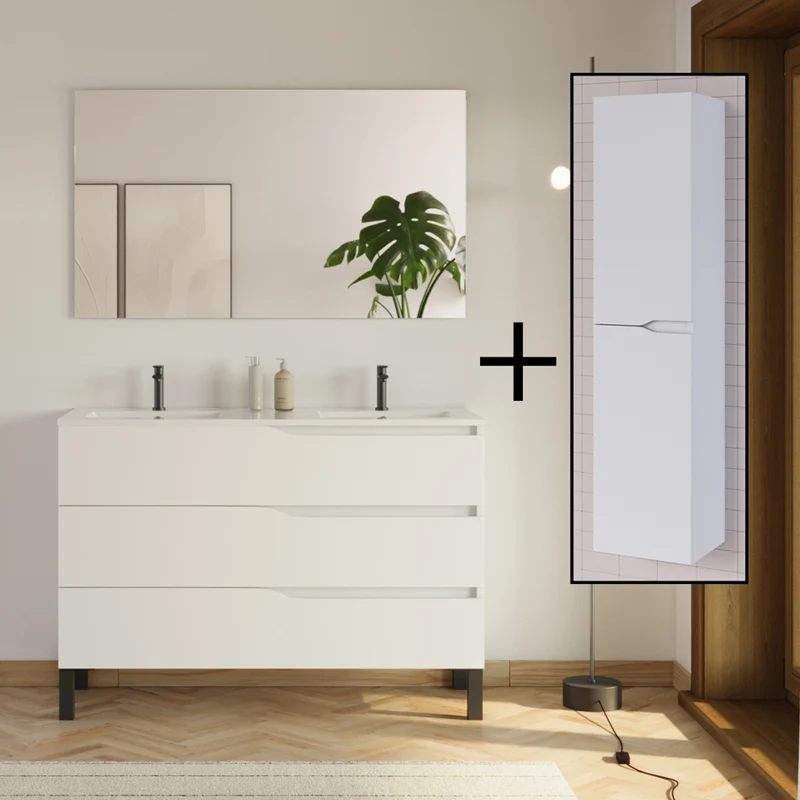 Ensemble meuble de salle de bain 120cm double vasque + colonne de rangement - MATA