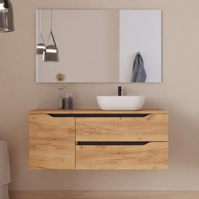 Meuble de salle de bain 120cm avec plateau, vasque à poser déportée à droite Zeus et miroir - 2 tiroirs et un placard - ZARZA