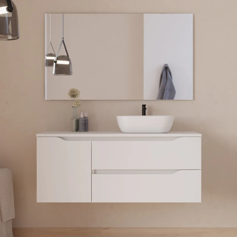 Meuble de salle de bain 120cm avec plateau, vasque à poser déportée à droite Zeus et miroir - 2 tiroirs et un placard - ZARZA