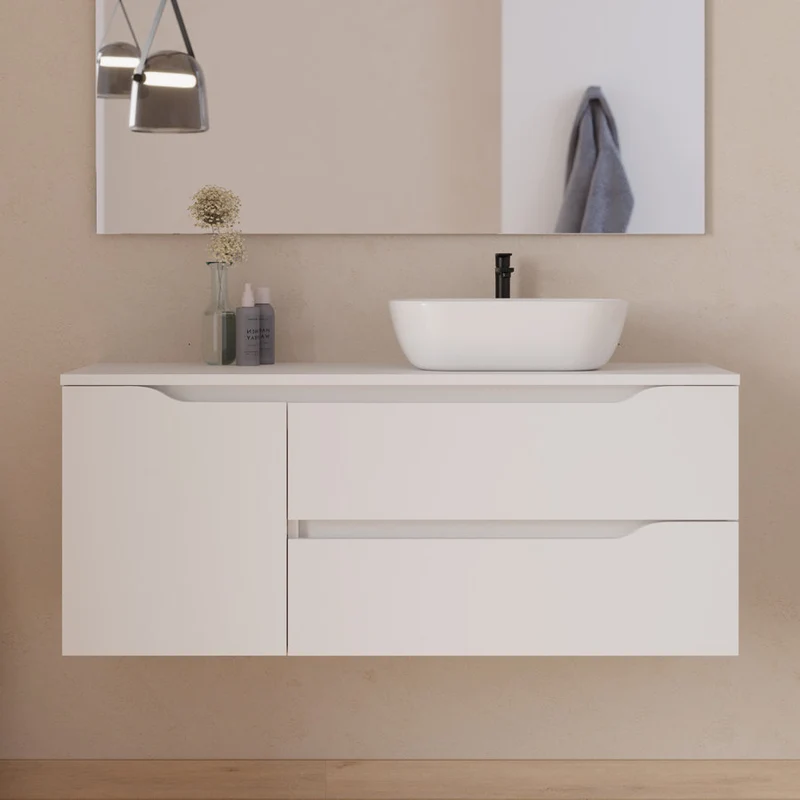 Meuble de salle de bain 120cm avec plateau, vasque à poser déportée à droite Zeus et miroir - 2 tiroirs et un placard - ZARZA