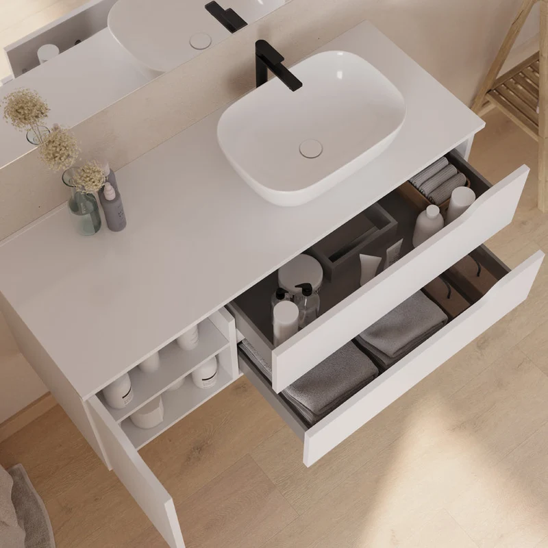 Meuble de salle de bain 120cm avec plateau, vasque à poser déportée à droite Zeus et miroir - 2 tiroirs et un placard - ZARZA