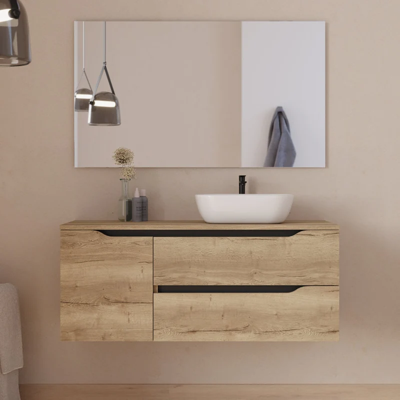 Meuble de salle de bain 120cm avec plateau, vasque à poser déportée à droite Zeus et miroir - 2 tiroirs et un placard - ZARZA