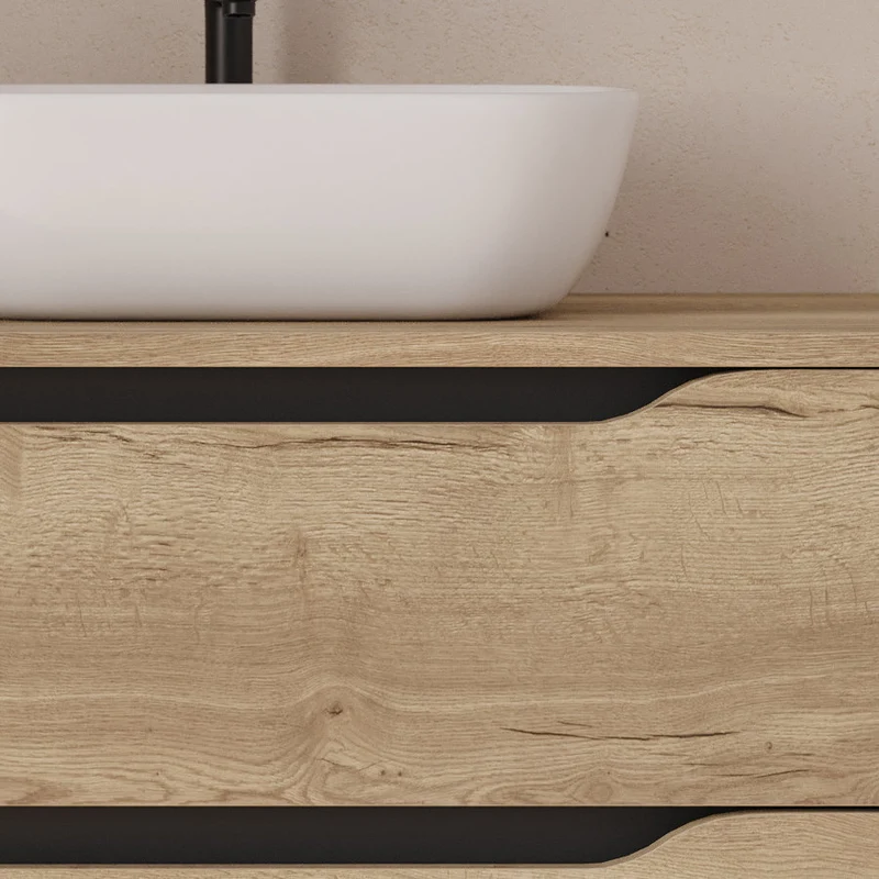 Meuble de salle de bain 120cm avec plateau, vasque à poser déportée à droite Zeus et miroir - 2 tiroirs et un placard - ZARZA