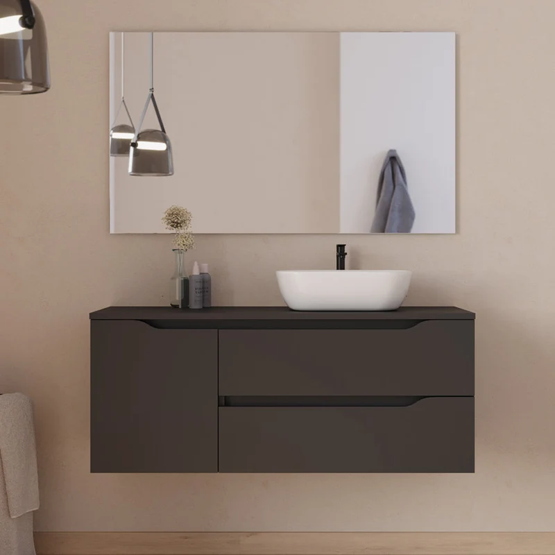Meuble de salle de bain 120cm avec plateau, vasque à poser déportée à droite Zeus et miroir - 2 tiroirs et un placard - ZARZA