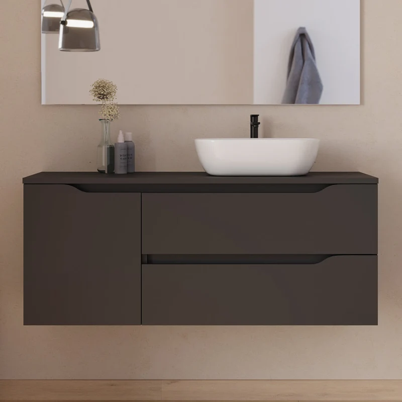 Meuble de salle de bain 120cm avec plateau, vasque à poser déportée à droite Zeus et miroir - 2 tiroirs et un placard - ZARZA