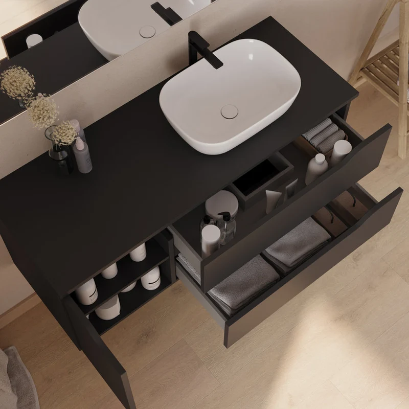 Meuble de salle de bain 120cm avec plateau, vasque à poser déportée à droite Zeus et miroir - 2 tiroirs et un placard - ZARZA