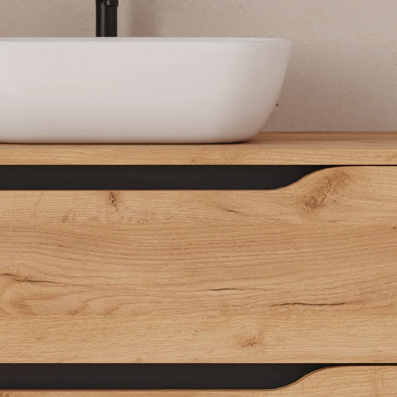 Meuble de salle de bain 120cm avec plateau, vasque à poser déportée à droite Zeus et miroir - 2 tiroirs et un placard - ZARZA