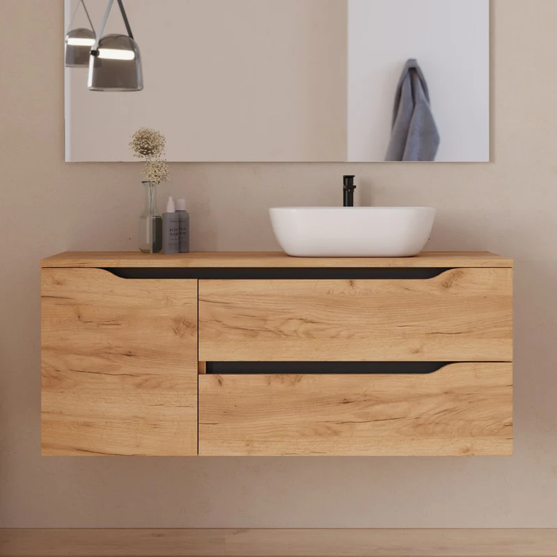 Meuble de salle de bain 120cm avec plateau, vasque à poser déportée à droite Zeus et miroir - 2 tiroirs et un placard - ZARZA