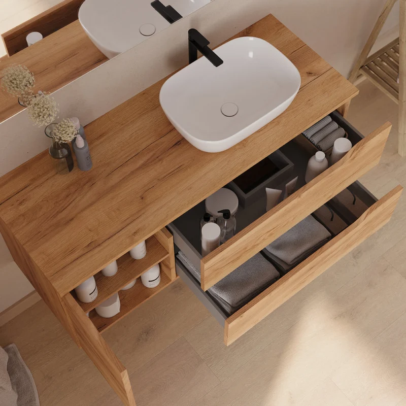 Meuble de salle de bain 120cm avec plateau, vasque à poser déportée à droite Zeus et miroir - 2 tiroirs et un placard - ZARZA