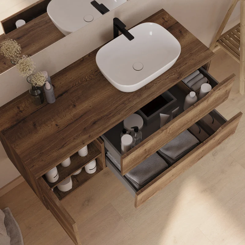 Meuble de salle de bain 120cm avec plateau, vasque à poser déportée à droite Zeus et miroir - 2 tiroirs et un placard - ZARZA