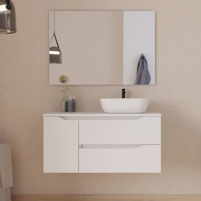 Meuble de salle de bain 120cm avec plateau, vasque à poser déportée à droite Zeus et miroir - 2 tiroirs et un placard - ZARZA
