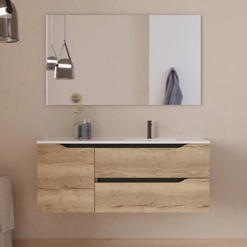 Meuble de salle de bain 120cm avec vasque déportée à droite et miroir - 2 tiroirs et un placard - ZARZA