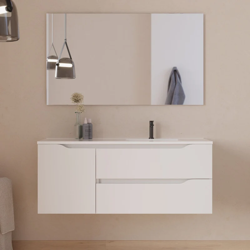 Meuble de salle de bain 120cm avec vasque déportée à droite et miroir - 2 tiroirs et un placard - ZARZA