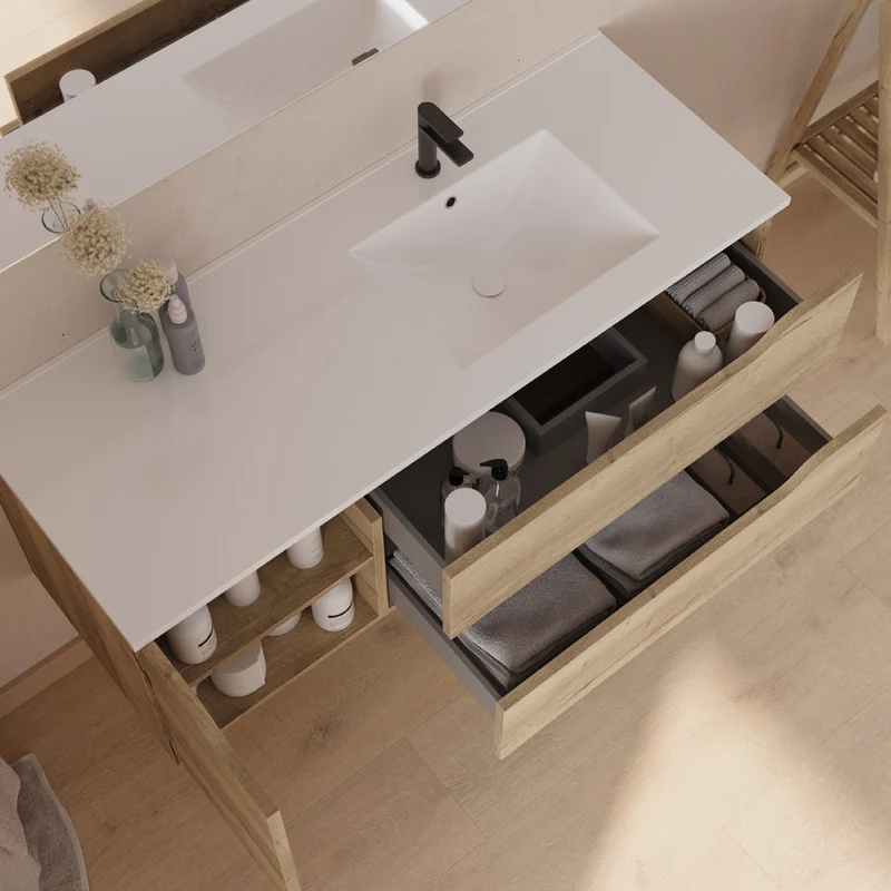 Meuble de salle de bain 120cm avec vasque déportée à droite et miroir - 2 tiroirs et un placard - ZARZA
