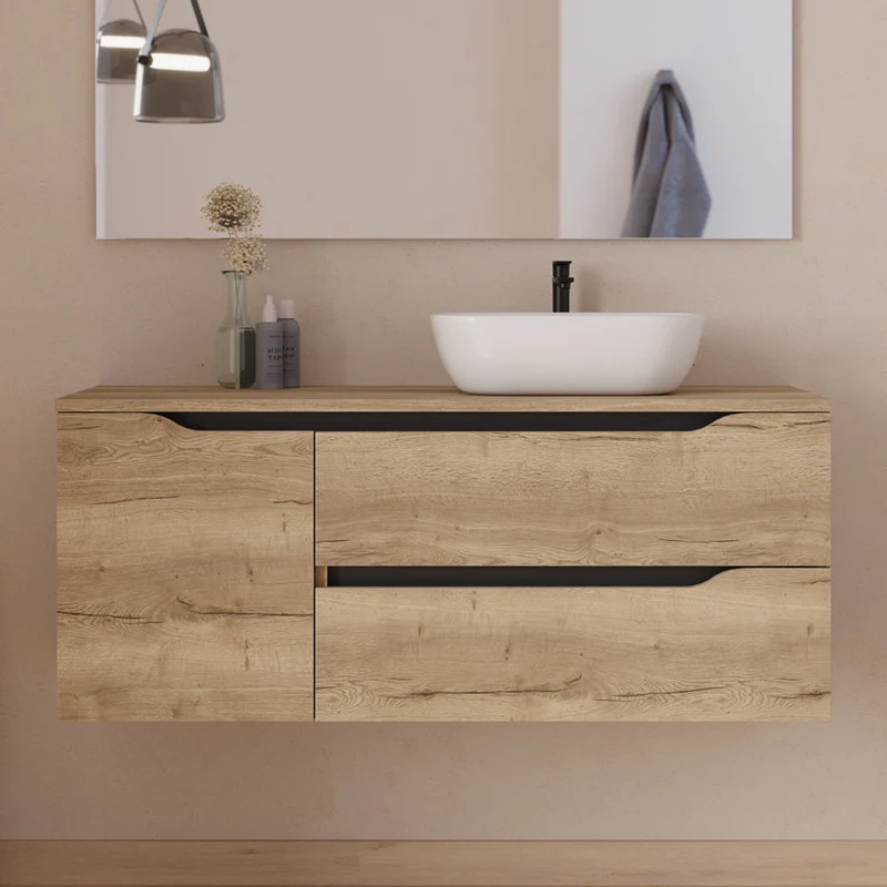Meuble de salle de bain 120cm avec plateau et vasque à poser déportée à droite Zeus - sans miroir - 2 tiroirs et un placard - ZARZA