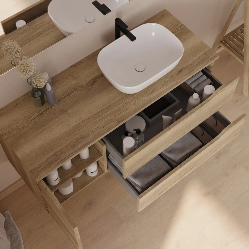Meuble de salle de bain 120cm avec plateau et vasque à poser déportée à droite Zeus - sans miroir - 2 tiroirs et un placard - ZARZA