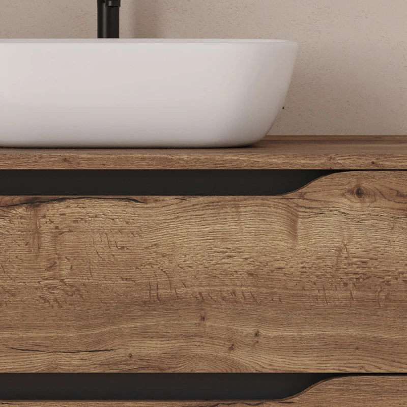 Meuble de salle de bain 120cm avec plateau et vasque à poser déportée à droite Zeus - sans miroir - 2 tiroirs et un placard - ZARZA