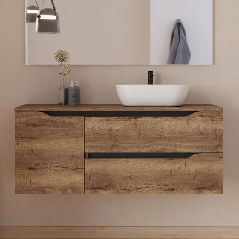 Meuble de salle de bain 120cm avec plateau et vasque à poser déportée à droite Zeus - sans miroir - 2 tiroirs et un placard - ZARZA