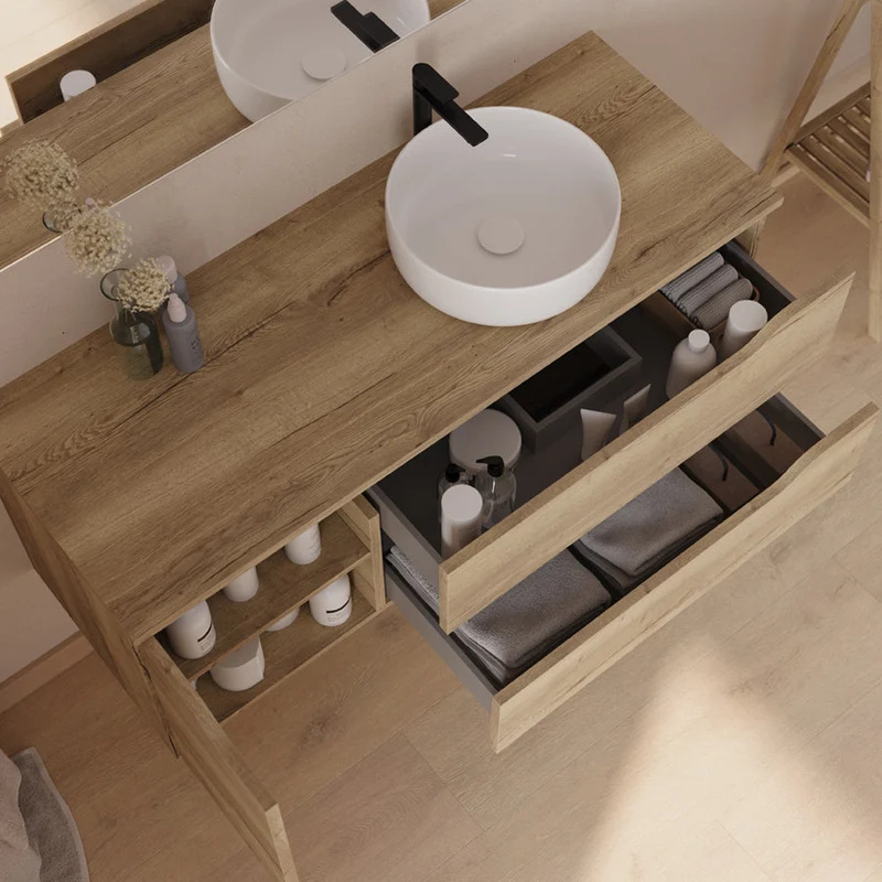 Meuble de salle de bain 120cm avec plateau, vasque à poser déportée à droite Ares et miroir - 2 tiroirs et un placard - ZARZA