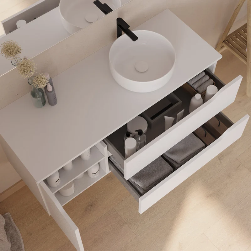 Meuble de salle de bain 120cm avec plateau, vasque à poser déportée à droite Ares et miroir - 2 tiroirs et un placard - ZARZA
