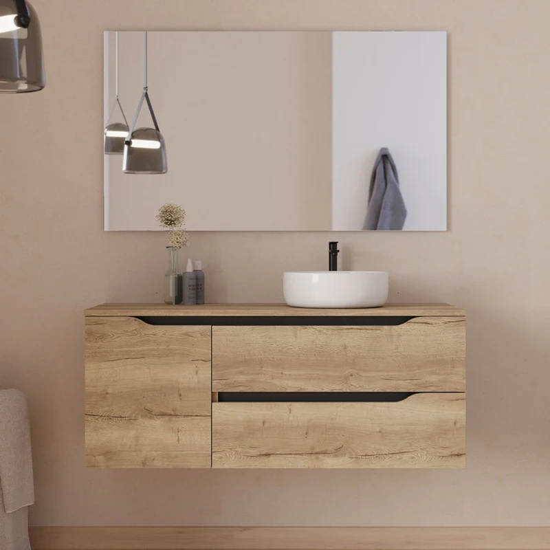 Meuble de salle de bain 120cm avec plateau, vasque à poser déportée à droite Ares et miroir - 2 tiroirs et un placard - ZARZA