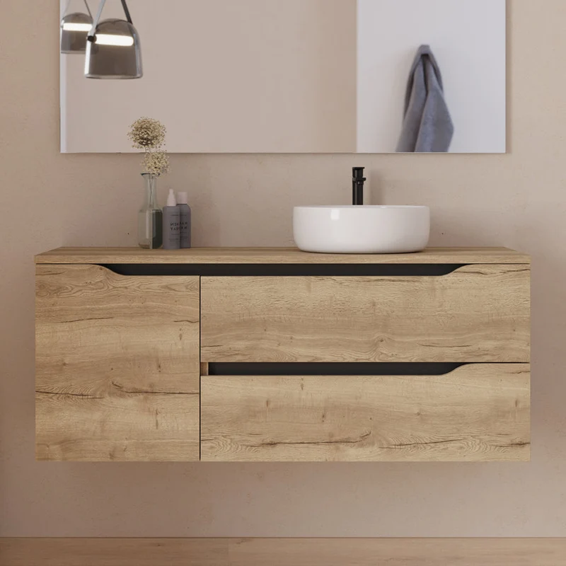 Meuble de salle de bain 120cm avec plateau, vasque à poser déportée à droite Ares et miroir - 2 tiroirs et un placard - ZARZA