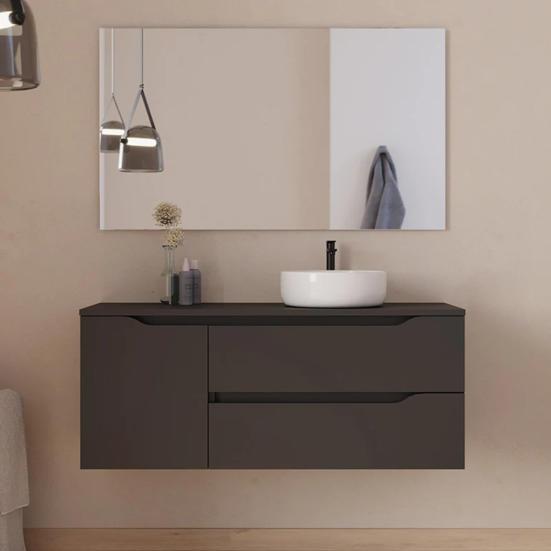 Meuble de salle de bain 120cm avec plateau, vasque à poser déportée à droite Ares et miroir - 2 tiroirs et un placard - ZARZA