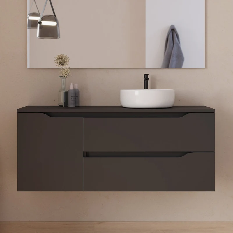 Meuble de salle de bain 120cm avec plateau, vasque à poser déportée à droite Ares et miroir - 2 tiroirs et un placard - ZARZA