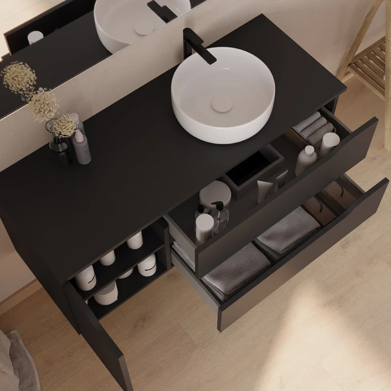 Meuble de salle de bain 120cm avec plateau, vasque à poser déportée à droite Ares et miroir - 2 tiroirs et un placard - ZARZA
