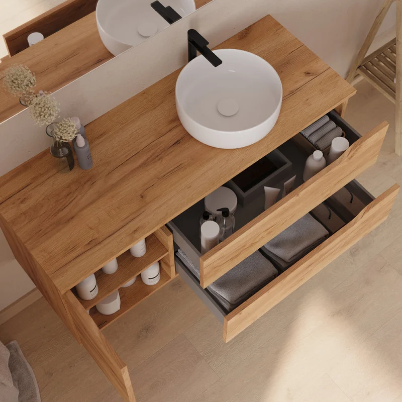 Meuble de salle de bain 120cm avec plateau, vasque à poser déportée à droite Ares et miroir - 2 tiroirs et un placard - ZARZA
