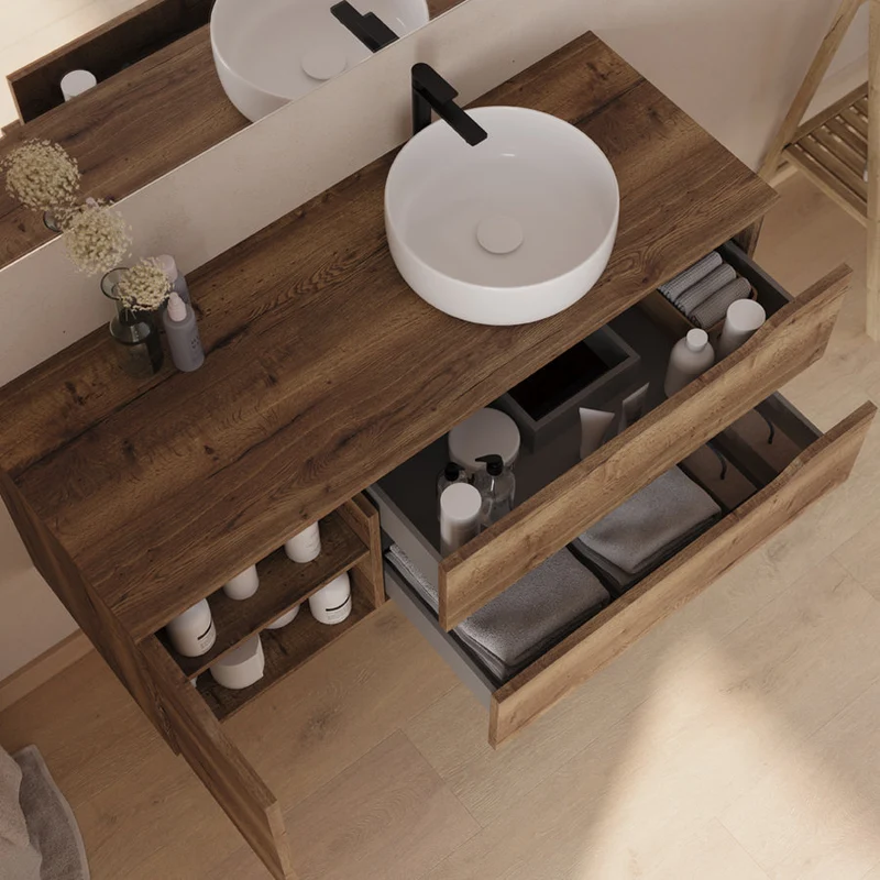 Meuble de salle de bain 120cm avec plateau, vasque à poser déportée à droite Ares et miroir - 2 tiroirs et un placard - ZARZA