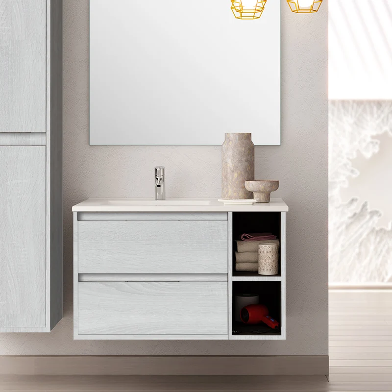 Meuble de salle de bain 80cm vasque déportée - 2 tiroirs et 2 niches - OLYMPE