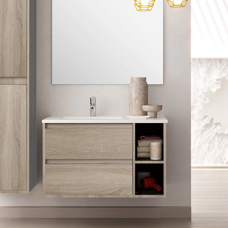 Meuble de salle de bain 80cm vasque déportée - 2 tiroirs et 2 niches - OLYMPE